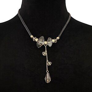 Black Cord Necklace With Gold-Tone Chain & Crystal Beads Pendant Adjustable Leng